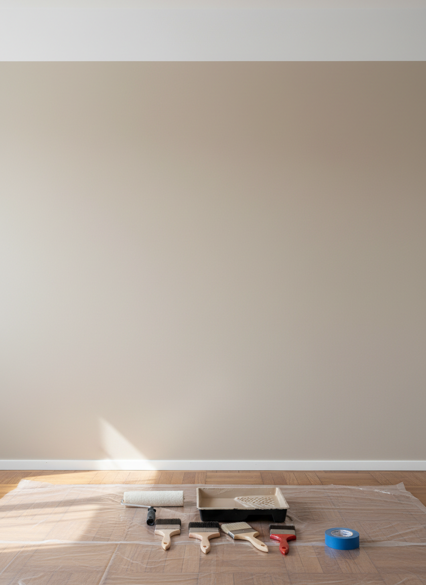 A freshly painted, light-neutral living room wall with a flawless satin finish, meeting a crisp white ceiling line with perfectly masked edges, photographic realism. The wall surface is smooth and uniform, subtly reflecting light to show the quality of the paint job. In the foreground, neatly arranged paint rollers, high-quality brushes, a clean paint tray, and painter’s tape rest on a protected parquet floor covered with a spotless plastic sheet. Soft natural daylight enters from an unseen window to the left, casting gentle, elongated shadows and emphasizing the evenness of the coating. Shot at eye level with sharp focus throughout, the composition is clean and balanced, conveying professionalism, care, and meticulous building painting work for a business website hero image.