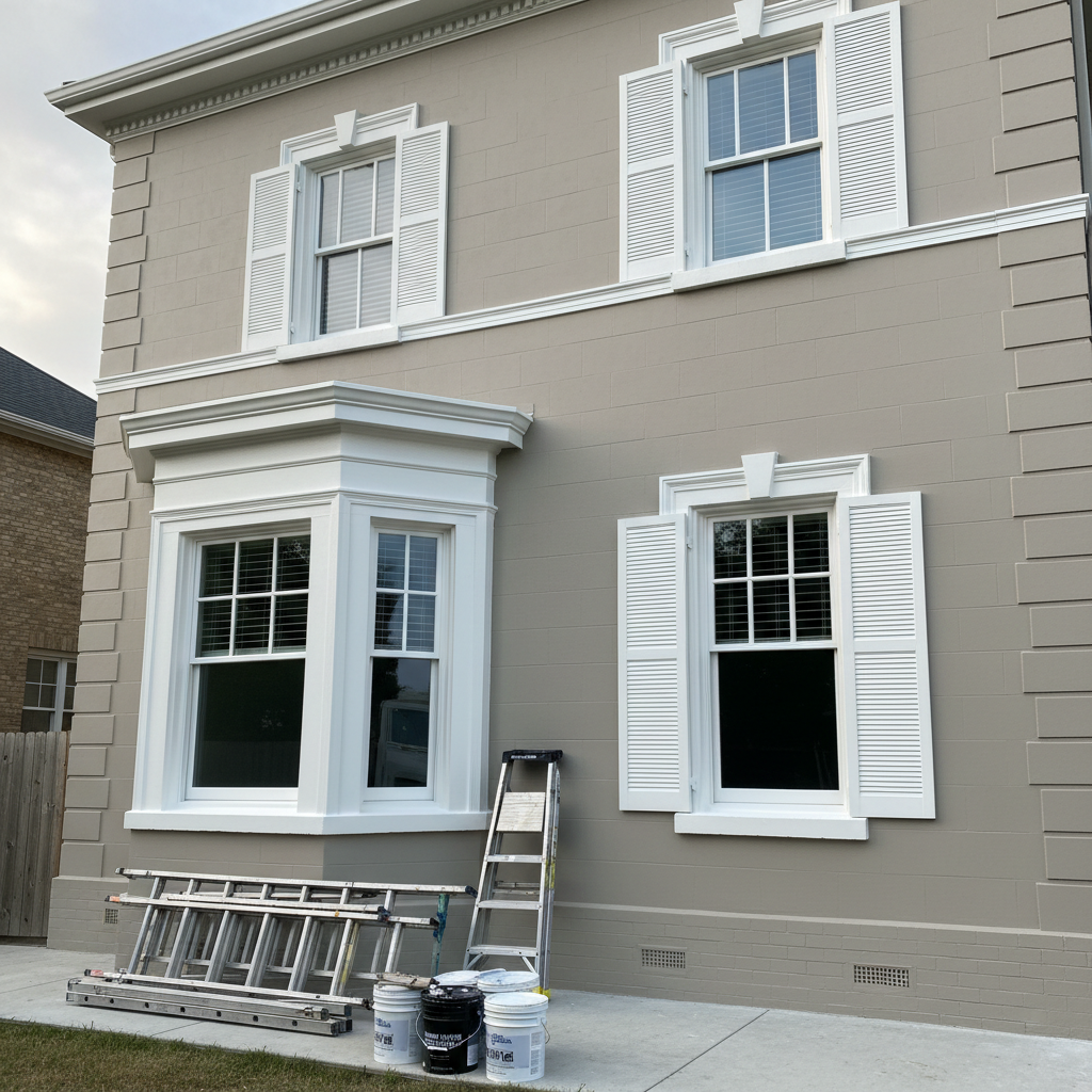 An elegant house façade recently repainted in a warm, contemporary light gray, with immaculate white trim around windows and shutters, photographic realism. The masonry is evenly coated, with subtle texture visible in the plaster. Clean, well-maintained ladders and an aluminum scaffold stand folded near the wall, beside organized paint buckets labeled for exterior use. The scene is bathed in diffused late afternoon light under a lightly overcast sky, reducing harsh contrasts and showcasing the precision of the exterior painting. Captured from a slightly low angle to give the façade presence, with a wide depth of field so every architectural detail is crisp. The atmosphere feels reliable and professional, ideal to illustrate exterior renovation quality for a painter-decorator’s website.