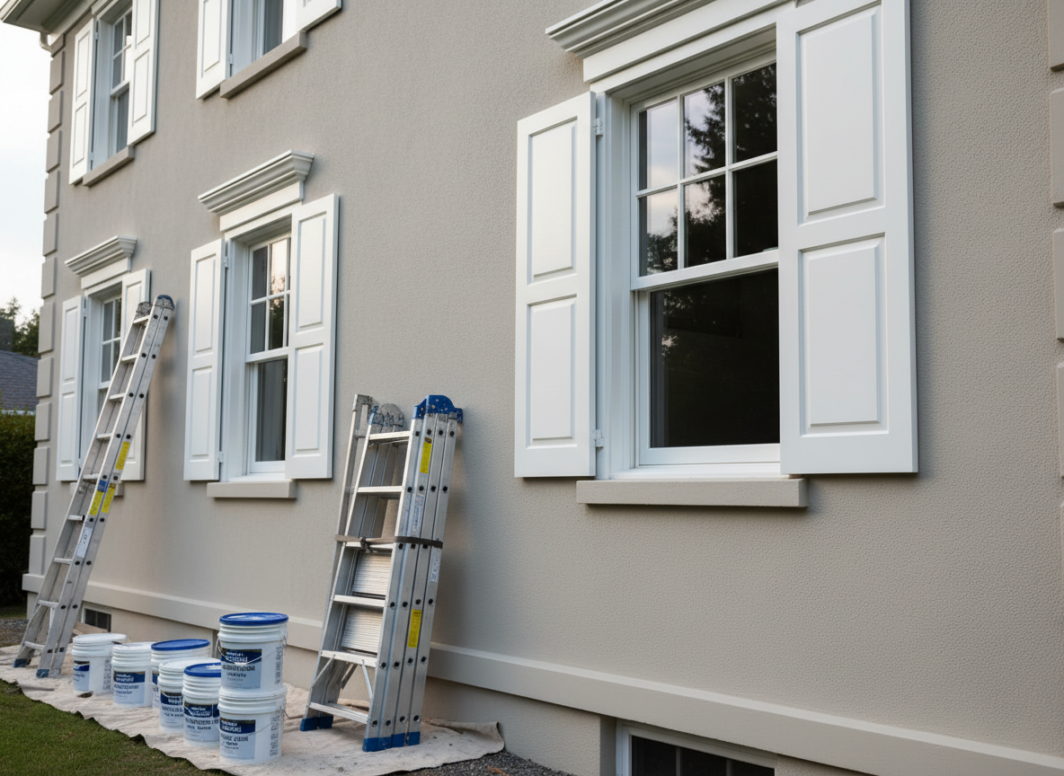 An elegant house façade recently repainted in a warm, contemporary light gray, with immaculate white trim around windows and shutters, photographic realism. The masonry is evenly coated, with subtle texture visible in the plaster. Clean, well-maintained ladders and an aluminum scaffold stand folded near the wall, beside organized paint buckets labeled for exterior use. The scene is bathed in diffused late afternoon light under a lightly overcast sky, reducing harsh contrasts and showcasing the precision of the exterior painting. Captured from a slightly low angle to give the façade presence, with a wide depth of field so every architectural detail is crisp. The atmosphere feels reliable and professional, ideal to illustrate exterior renovation quality for a painter-decorator’s website.