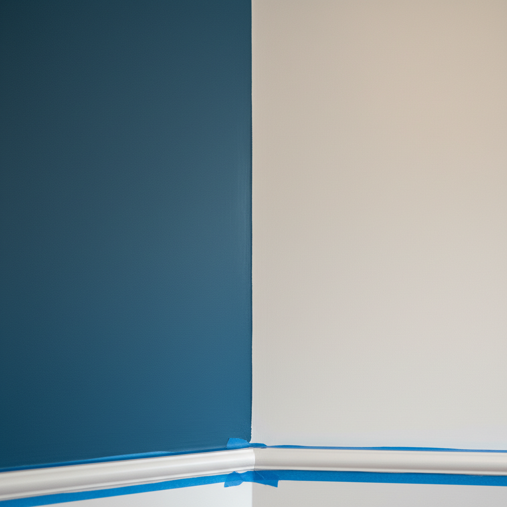 A close-up, photographic realism view of a high-end interior wall where two colors meet: a deep, matte petrol blue accent wall precisely aligned against a clean off-white surface, separated by a sharp, straight vertical edge. The paint textures are smooth with subtle differences in sheen, highlighting the decorator’s expertise. At the bottom of the frame lies a perfectly masked skirting board in satin white, with no paint drips or overlaps. Soft side lighting from the right creates delicate shadows along the junctions, emphasizing the accuracy of the lines. Captured with a shallow depth of field so the meeting of colors is razor sharp while the rest gently blurs, conveying meticulous, detail-oriented building painting craftsmanship.
