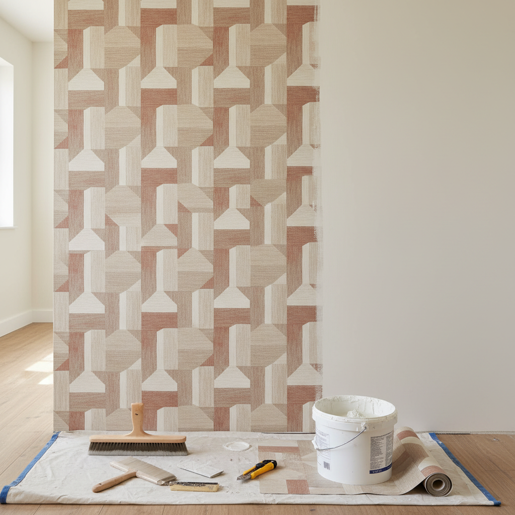 A stylish hallway wall partially covered with a modern, geometric wallpaper in soft beige and muted terracotta tones, seamlessly aligned at the pattern joints, photographic realism. An adjacent section shows a smooth, freshly painted wall in a complementary off-white, demonstrating combined wallpaper and paint work. On the protected floor rest precision tools: a wallpaper smoothing brush, cutter, glue bucket, and a neatly rolled remaining strip. Natural daylight from an unseen window illuminates the scene with a gentle, even glow, revealing the fine texture of the wallpaper and the uniformity of the paint. Shot from a slightly elevated angle, with balanced composition and clear focus, the image radiates calm, precision, and professional wallcovering installation.