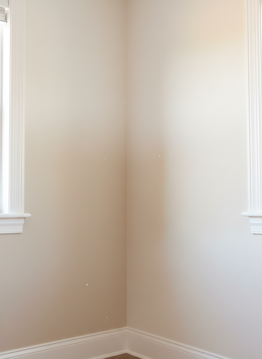 A serene, freshly renovated bedroom corner with impeccably painted walls in a soft, warm white, photographic realism. A single wall features a subtle, smooth color gradient from light taupe at the base to lighter cream toward the ceiling, demonstrating decorative painting technique. The matte finish absorbs soft morning light streaming in from an unseen window, creating a calm, diffused ambiance. The skirting boards and window frame are in a contrasting satin white, perfectly cut-in and flawless. The camera is positioned at a slight angle into the corner, showcasing clean lines and even coverage with sharp focus. The overall mood is tranquil, inviting, and professional, ideal for a painter-decorator promoting interior transformation and attention to detail.