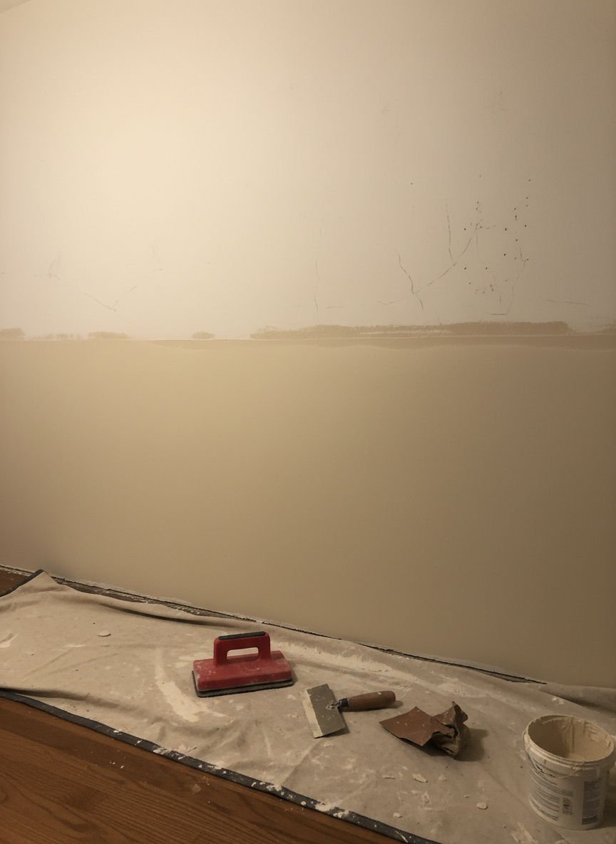 A detailed, photographic realism shot of a preparation stage for renovation painting: an interior wall with small cracks and imperfections being expertly repaired. The lower half of the wall shows fresh joint compound smoothly applied, sanded, and ready for paint, contrasting with the older, slightly worn surface above. On the floor, carefully laid protective covering, a sanding block, filler knife, and fine-grit sandpaper are neatly arranged. Warm, indirect indoor lighting from a ceiling source creates soft shadows that highlight the evenness of the repairs. Captured at eye level with moderate depth of field, the composition focuses on the transition from old to renewed, conveying thorough preparation, quality workmanship, and respect for proper painting processes.